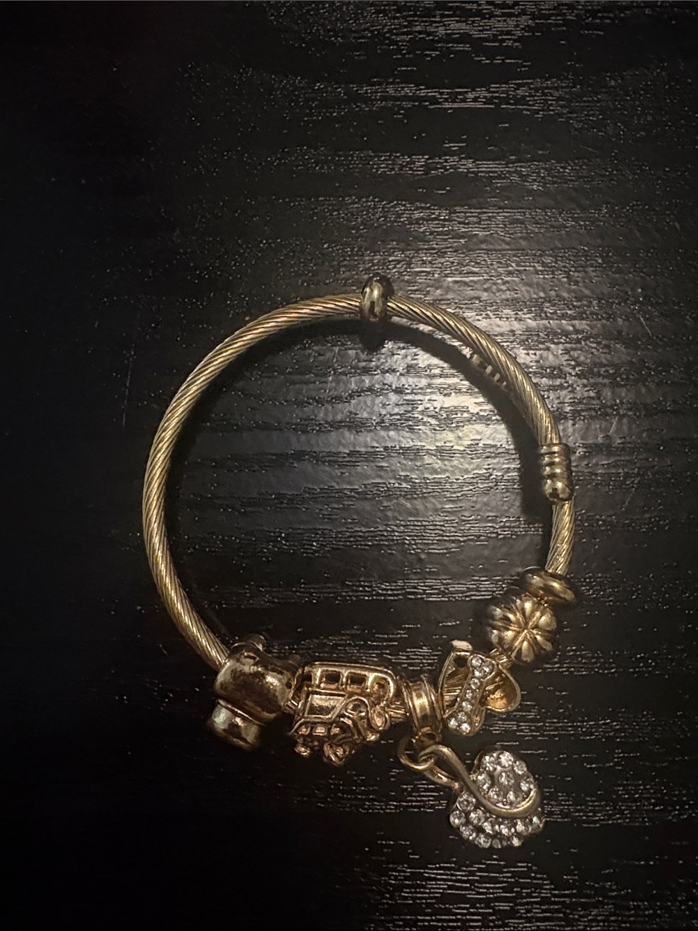 Gold Charm Bangle Bracelet with Rhinestone Heart Charm